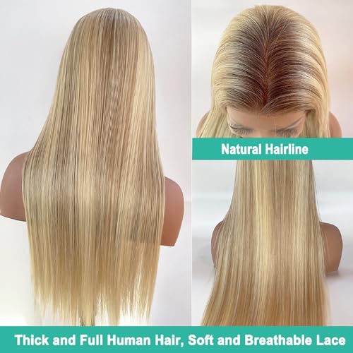 Image of Munx Ash Blonde Highlight Wig Human Hair, 180 Density 13x6 Hd Balayage Wigs Human Hair for Women Brown Highlight Lace Front Wig Pre Plucked Glueless Lace Front Wigs 16 Inch