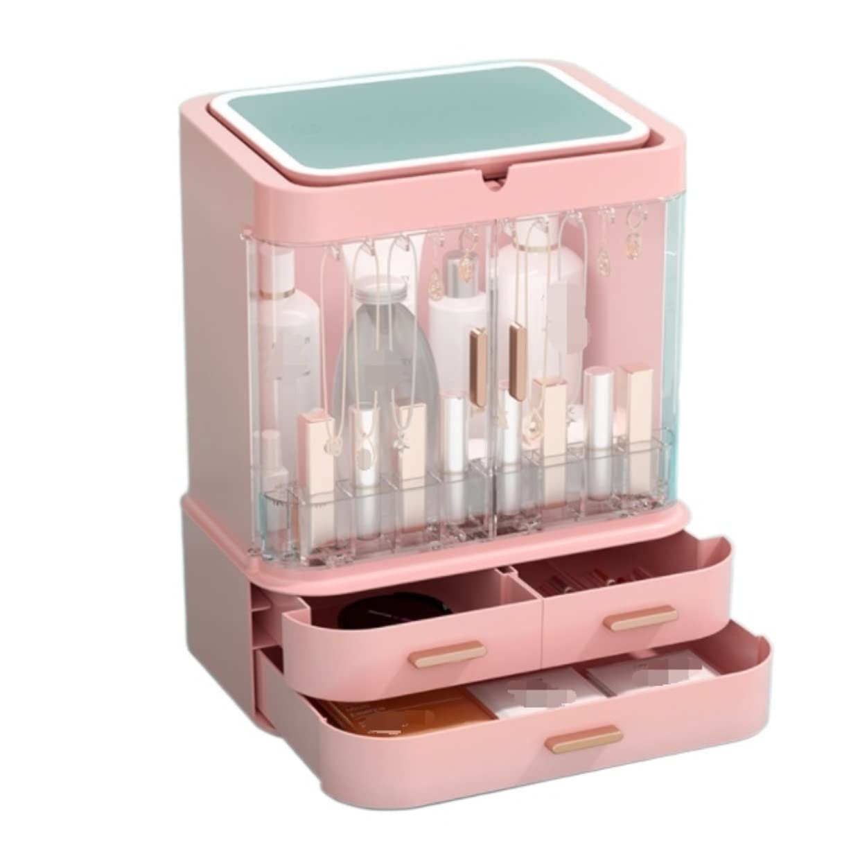 Organizer do Makijażu Elegancki Plastikowe Etui Do Przechowywania Kosmetyków Z 3 Szufladami Regulowany Organizer Na Przybory Makijażu Lusterkiem LED Blat Pojemnik na Kosmetyki(Pink,With inner lamp)