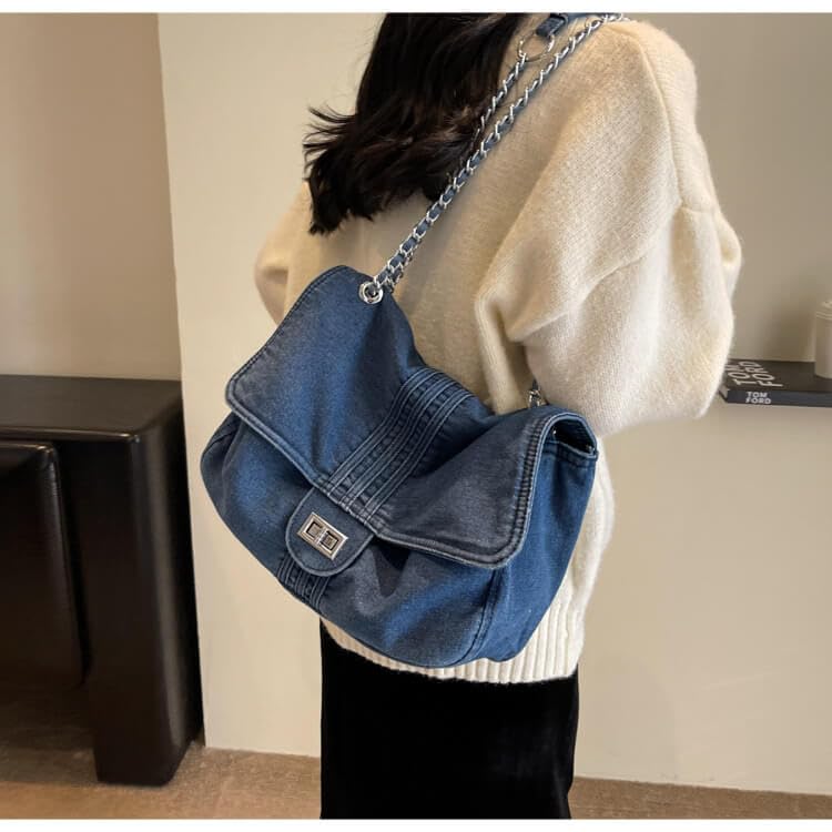 Denim Crossbody Shoulder Bag For Women,Washed Jeans Handbags Totes With Chain Straps,Denimflap Quilted Bag 20244