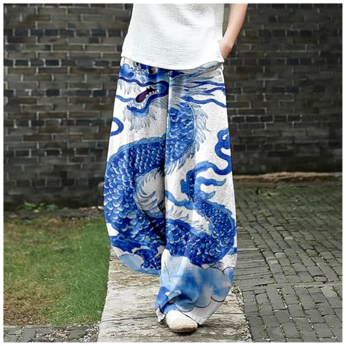 Womens Linen Pants Baggy Wide Leg Pants Dragon Print Flowy Boho Harem Sweatpants Lantern Trousers Elastic Waist2
