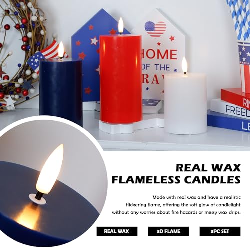 Image of JOIONE Patriotic Flameless Pillar Candles with Remote, 3 Pcs Red White Blue | Battery Operated, Red White Blue, Real Wax, Remote Control, Warm Flickering Glow, 4th of July Independence Day Party Decor