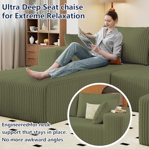 Image of 96 inch Modular Sectional Sofa with Ottoman, Modern Corduroy Cloud Couch with Deep Seat, Boneless Couch Upholstered 3-Seater U-Shaped Sofa for Living Room, No Assembly (Green, Left-Facing Chaise)