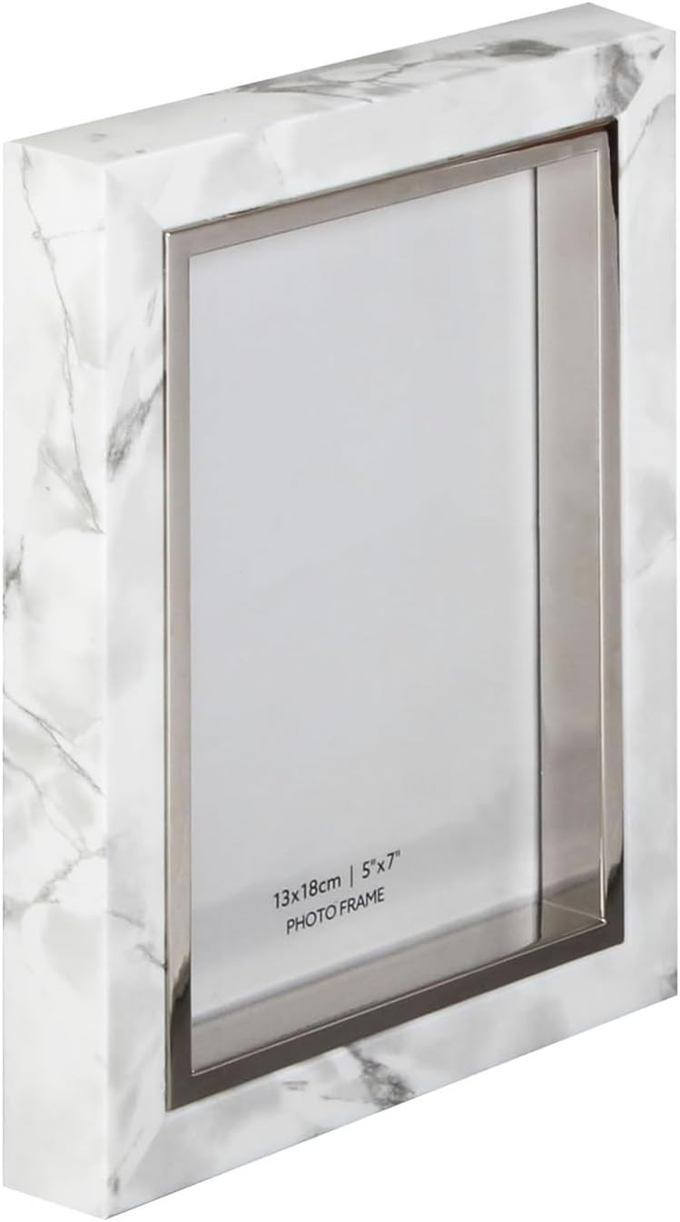Happy Homewares Contemporary White Marble Print Plastic 5x7 Box Style Picture Frame with Silver Trim for Wall or Table | Portrait or Landscape Orientation