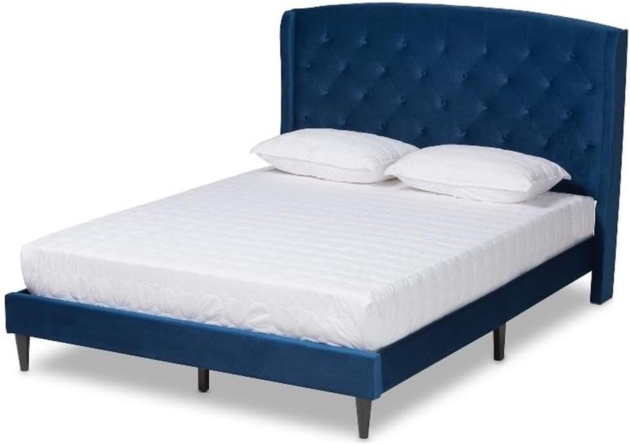 Baxton Studio Joanna Modern and Contemporay Navy Blue Velvet Fabric Upholstered and Dark Brown Finished Wood Queen Size Platform Bed
