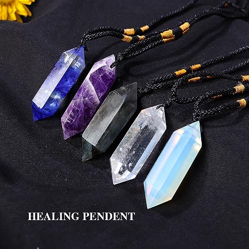 Image of Runyangshi Opal Healing Crystal Pendants, Double Pointed Crystal Quartz Necklace 6 Faceted Chakra Crystal Wand Stone