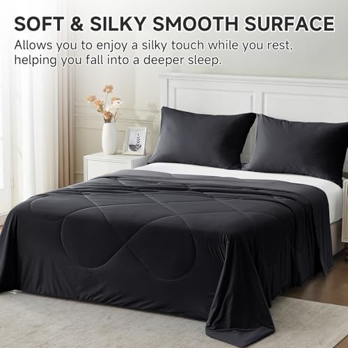 Image of HOMFINE Cooling Comforter Twin Size, Black Summer Cooling Blanket for Hot Sleepers and Night Sweats, Japanese Double-Sided Cold Tech Fabric Q-Max 0.45, Soft Breathable Silky Smooth Lightweight
