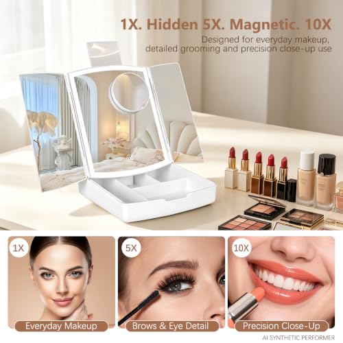 Image of Makeup Mirror with Lights, Tri-Fold Vanity Mirror, 3 Colors, 5X /10X