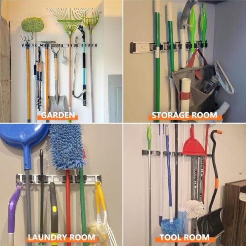 Image of reliahom Broom Holder Wall Mount Mop Hanger Tools organizer 4Racks 5Hooks | Adjustable Mop Broom Wall Hanging Heavy duty Tools Storage Rack Space-saving for Garage,Kitchen,Laundry Room,Garden, Black
