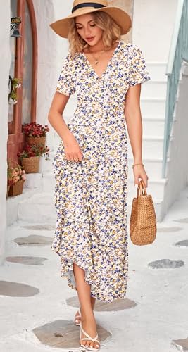 Image of WNEEDU Women's Summer Maxi Dress Short Sleeves Wrap V Neck Long Dresses with Pockets