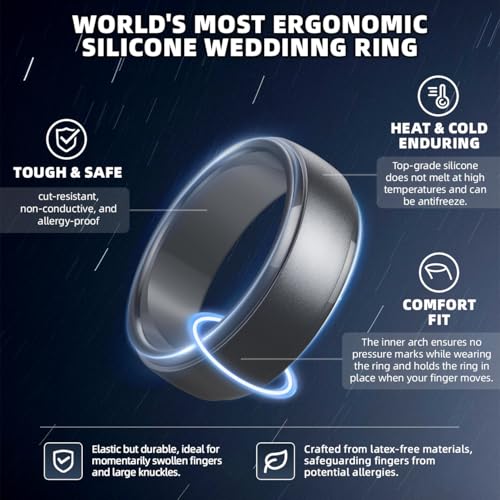 Image of Egnaro Men's Silicone Wedding Rings: Classic Black Step Edge Rubber band 10mm Wide 2.5mm Thick- Hypoallergenic for Gym /Outdoor /Gift(1 /4 /7 Variety Pack with Half Size)