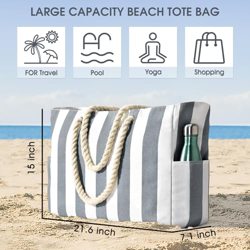 Image of Becokan Women's Pool Swim Bag - Waterproof Sandproof Large Stripe Beach Tote with Zipper