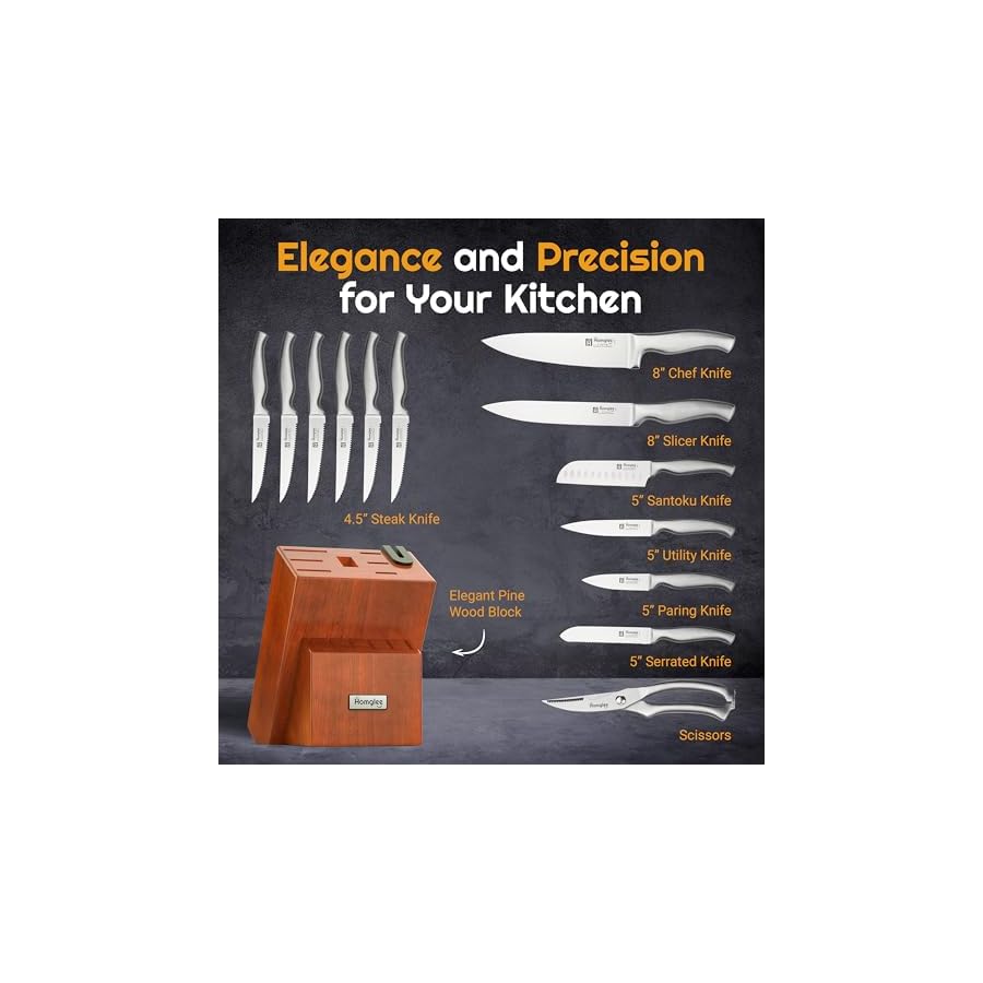 Knife Set – 14 Pieces Kitchen Knife Set with Block – German Stainless Steel Knife Block Set – Pine Wood Knife Block – Built in Knife Sharpener, Dishwasher Safe, Ergonomic Handle Knives, Brown