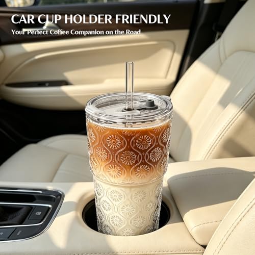 Image of INSETLAN 20oz Begonia Flower Glass Tumbler Set of 4 - Thickened Glass Cups with Lids and Glass Straws for Iced Coffee, Smoothies, Milk, Water, and More - Elegant& Durable Drinkware