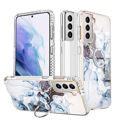 Laurraine Bershaker-Hülle kompatibel mit Samsung S22 5G, Luxus-Glanzmarmor-IMD-Schlankhülle, Goldglitter-Marmor-Design mit 360 Grad drehbarem Ringständer für Galaxy S22 5G (Königsblau) Cover