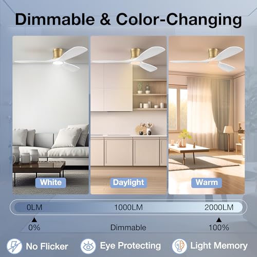 Image of 52 inch Low Profile Ceiling Fans with Lights Remote,Flush Mount,Wood,White Gold
