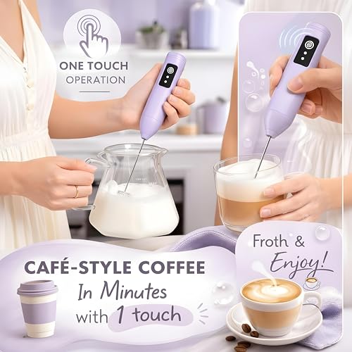 Image of Coffee Frother - Electric Rechargeable Coffee Maker Machine for Home Electric Coffee Frother & Milk Whisker | 1 Year Warranty | Free Recipe Book (Frother) (Orchid Mist)