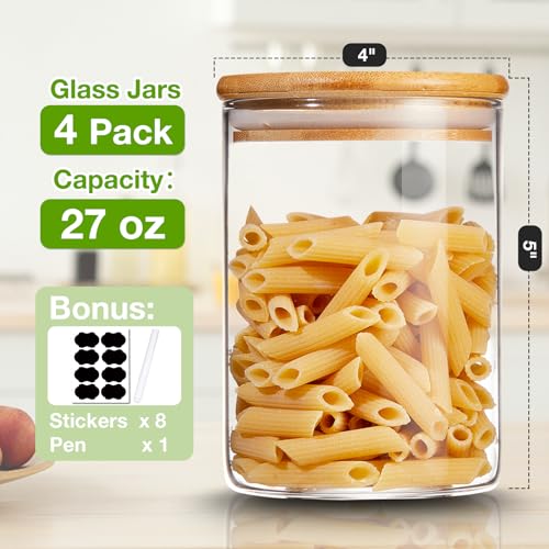 image for Mfacoy 4 Pack Glass Storage Jars with Airtight Bamboo Lid, 27 OZ Glass