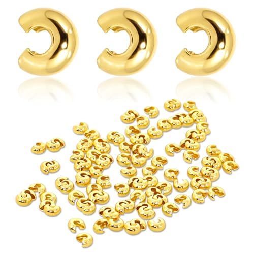 SWESS 100 PCS 4 mm Gold Crimp Beads Covers 18K Gold for Jewelry Making