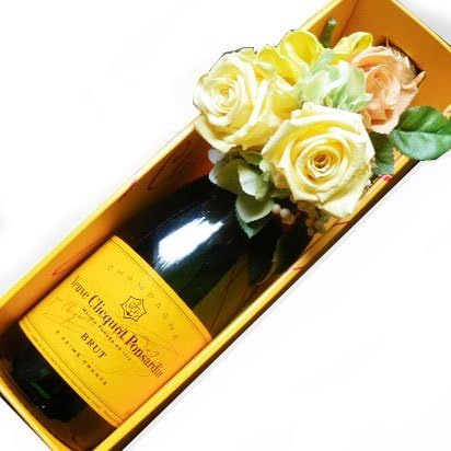 Amazon Co Jp シャンパンギフト 花 開店祝い 誕生日プレゼント お祝い 花とワイン シャンパンヴーヴクリコにプリザーブドフラワーを添えてイエローラベル 食品 飲料 お酒