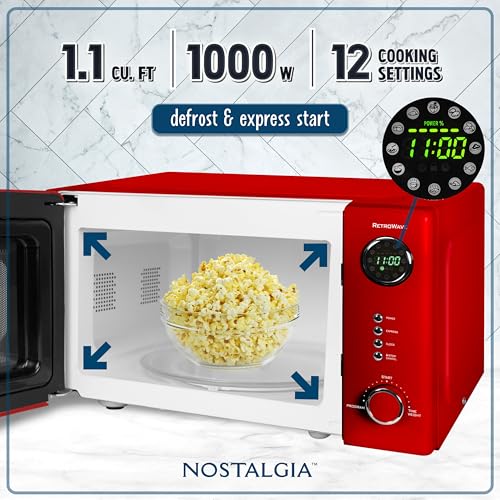 Nostalgia NRMO11RR6A 1000 Watt Power Retro Countertop Microwave Oven Easy to Clean with Removable Glass Turntable-Child Safety Lock-12 Programs-Digital Clock, 1.1 Cu. Ft, Red