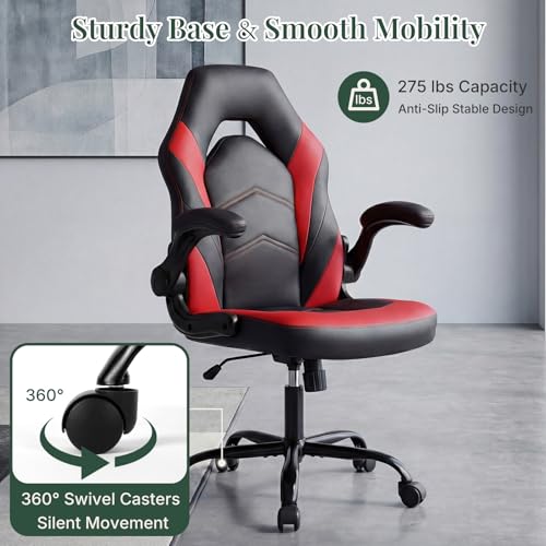 Image of Ergonomic Computer Gaming Chair with Flip-up Armrest, Height Adjustable PU Leather Home Office Desk Chair with Lumbar Support Swivel Wheels and for Adults and Kids, Scarlet Red