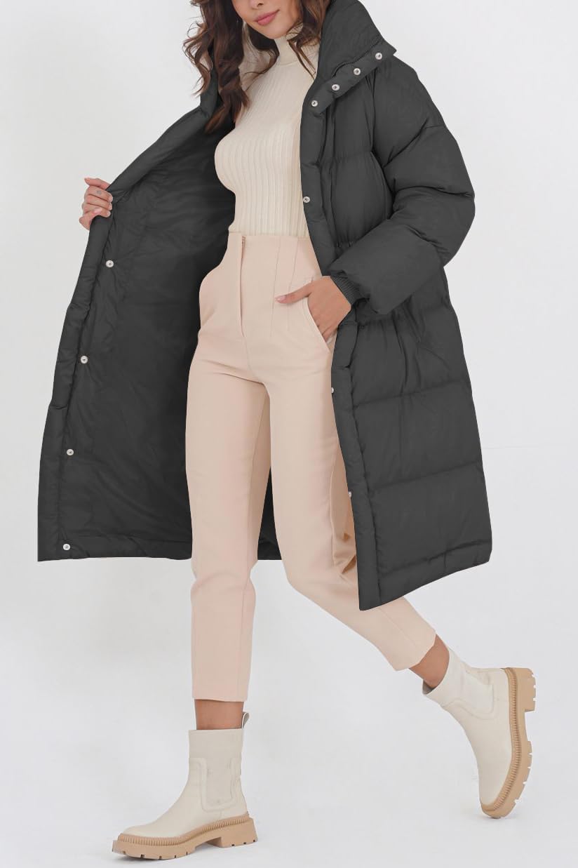 Fazortev Women's Long Puffer Jacket Stand Collar Zip Baggy Down Coats with Side Pockets Outwear
