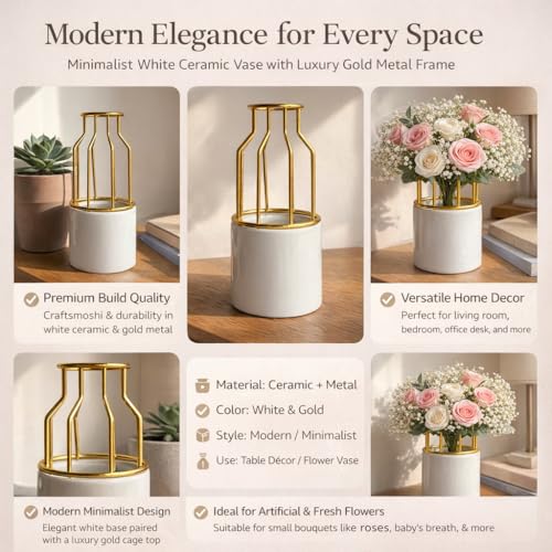 Image of Art Street Ceramic Vase with Gold Metal Finish | White Flower Pot for Home | Living Room, Bedroom and Office Decor | Vase for Gift | Size (7x3 Inch)