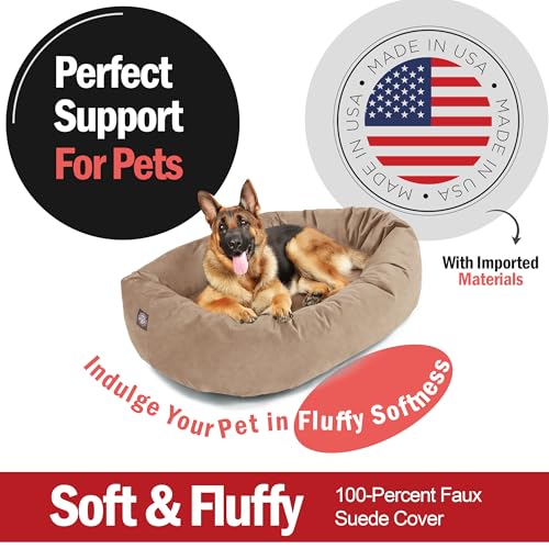 Image of Majestic Pet Suede Shredded Memory Foam Mix Calming Dog Bed Washable - Cozy Soft Round Dog Bed with Spine for Head Support - Fluffy Donut Dog Bed, 52 Inch, Stone