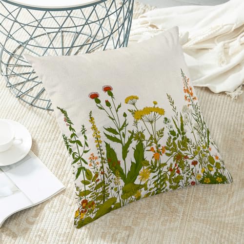 Image of AEIOAE Yellow and Green Pillow Covers 18x18 Inch Set of 2, Spring Wildflower Plant Throw Pillows Case,Seasonal Floral Outdoor Decorative Flowers Farmhouse Decor Cushion Covers for Home Sofa Bed Couch