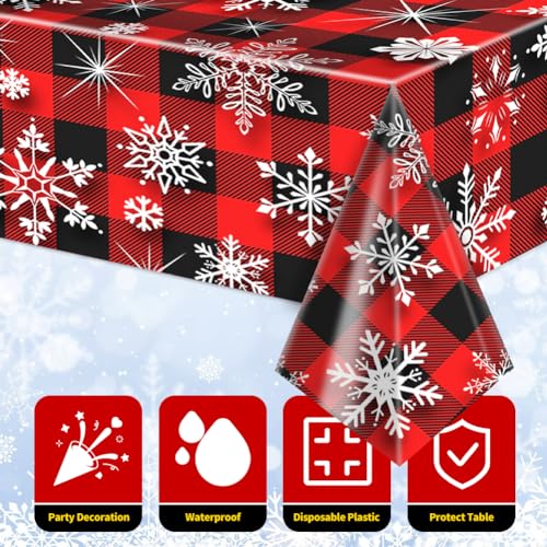 Image of Labeol 3 Pack Christmas Tablecloth, 54 x 108 inch Snowflake Tablecloth for Table Decorations, Disposable Plastic Waterproof Rectangle Table Cover for Christmas Decorations Party Supplies