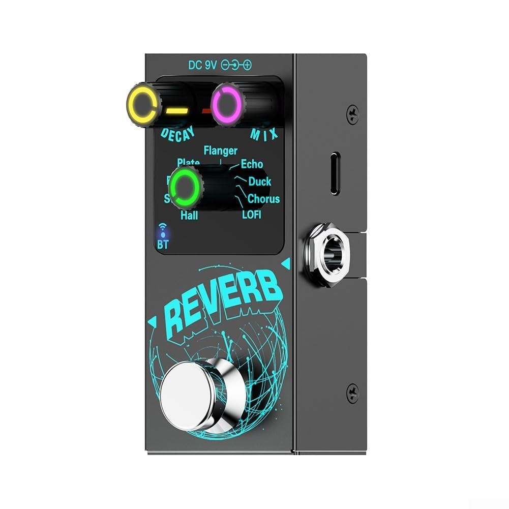 Pedal de reverberación de guitarra digital con 9 efectos de reverberación con decaimiento independiente y ajustes de mezcla húmeda/seca y True Bypass