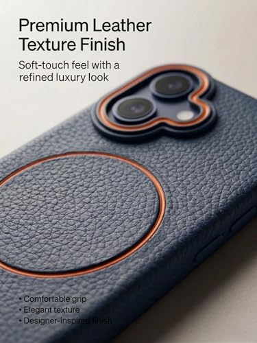 Image of amazon basics Luxury MagSafe Compatible Leather Texture Back Cover for iPhone 16 | Raised Camera Protection | Slim Fit Shockproof Case with Metallic Accents (Dark Blue)