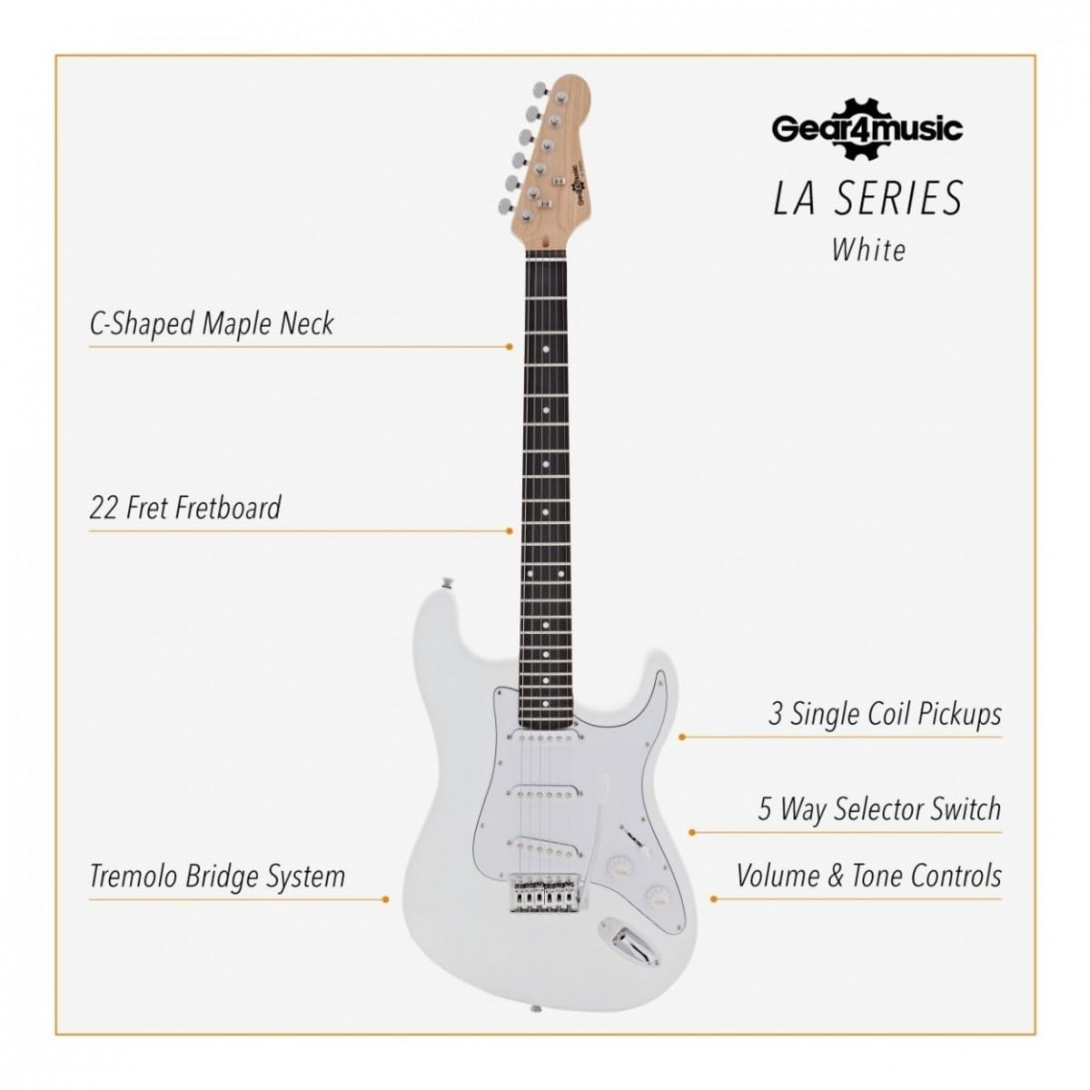 Gear4music Dimensione completa Chitarra elettrica serie LA con accessori, bianco