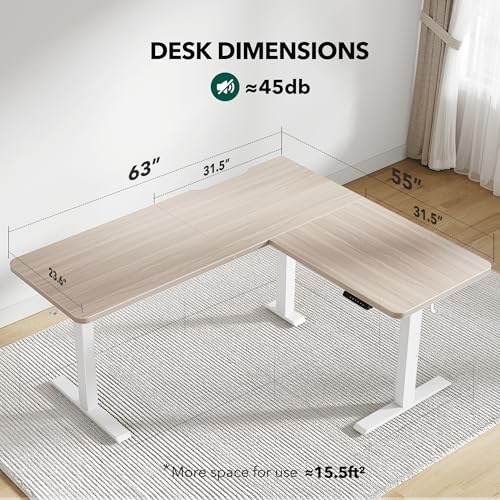 Image of FEZIBO 63 inch L Shaped Standing Desk Height Adjustable, Sit Stand Home Office Desk with Splice Board, Electric Stand up Corner Desk, White Frame /Light Walnut Top