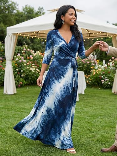 Image of PinkPatty Women's Print Maxi Dresses 3 /4 Sleeve Flowy Long Dress V Neck Wrap Tie Waist Sundress