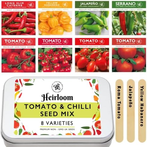 Tomato & Chilli Seeds for Gardening, 8 Easy Sow Seed Varieties, 8 Plant Markers & Growing Guide - Gifts for Adults & Kids, Little Trees Bees & Seeds Co