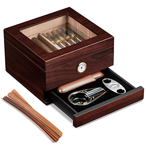 Cigar Humidor Box, Spanish Cedar Cigar Humidor Storage Box Holds 50-60 Cigar Humidors, Keeps 65% - 72% Like Humidity With Glass Top Humidors, Stable Hygrometer, Humidifier And Accessory Drawer. #TOP27