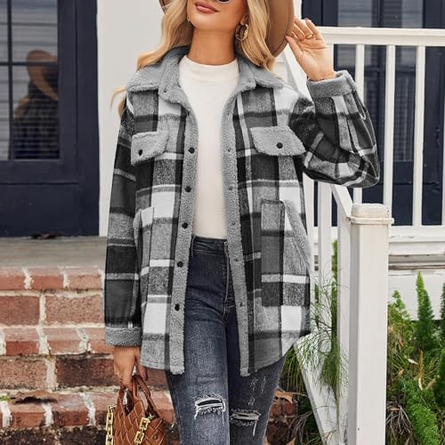 Flannel Shacket Women Plaid Jacket Fleece Sherpa Shackets Button Down Collared Jackets Fall Winter Warm Coats3
