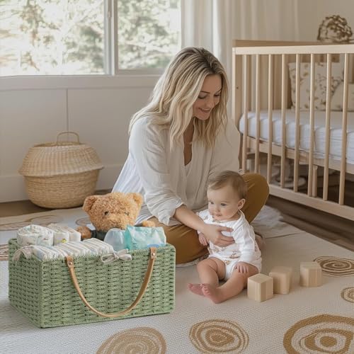 Image of HBlife Large Baby Diaper Caddy Organizer Green, Paper Rope Storage Baskets Nursery Bin with Removable Divider, Portable Car Organizer for Diapers, Baby Shower Gifts, Newborn Essentials Must Haves