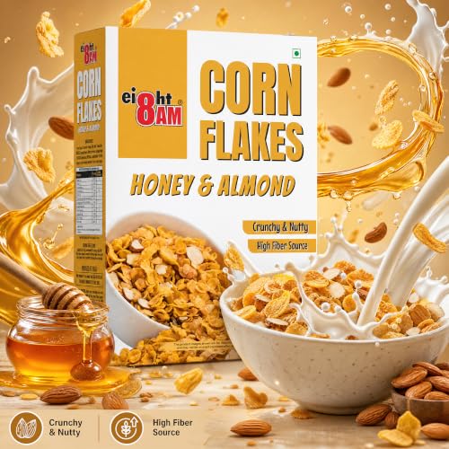 Image of 8:00 AM Corn Flakes Honey & Almond 300 Gram (Pack Of 3), No Cholesterol, Trans Fat, Artificial Additives, Source Of Fiber, Iron & Calcium, Crunchy & Nutritious Whole Grain Breakfast Cereal