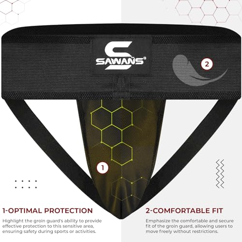 SAWANS Tiefschutz für Boxen, Kickboxen, MMA, Bauchschutz, Herren, schweißabsorbierend, belüftet, verstellbare Unterwäsche, Taekwondo, Sparring, Tiefschutz, Jockstrap Jiu Jitsu, BJJ Schutz (XL, Schwarz