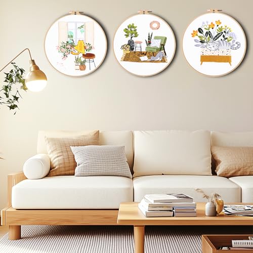 Image of olhuvs 3 Set Stitches Practice Kit, Embroidery Kit for Beginners DIY Starter Set with Stamped Flower, Colorful Threads, Tools, Step by Step Instructions (F)