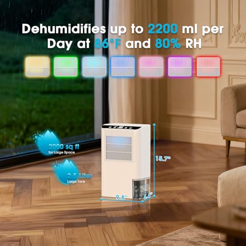 Image of Dehumidifiers for Home, 2000 Sq.Ft Small Dehumidifier with 3.3ft Drain Hose, 2.5L Tank, Timer Sleep Mode, Portable Dehumidifier for Basement, Bedroom, Bathroom (Milk White)