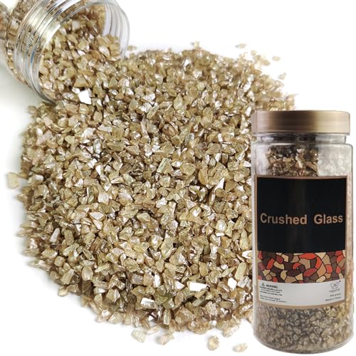 HappyFiller Metallic Baige Crushed Glass Sand,1.3 LB(1.5 Cup) 3-7mm Vase Filler,Wedding Table Centerpiece,Candle Holder,Epoxy Resin Art,Craft Glitter,Terrarium Gravel