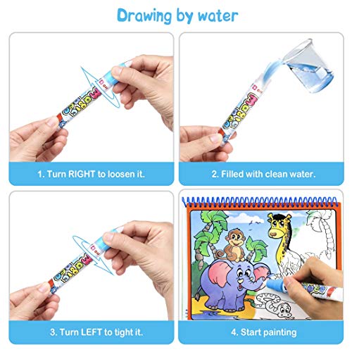 Markbetter 2-pk Reusable Water-Reveal Book Set with Gift Box Water Coloring Activity Pads Aqua Drawing Painting Toy Travel Activity Kit with Bonus Pens for Kids (Zoo&Dinosaur) - Thumbnail 3