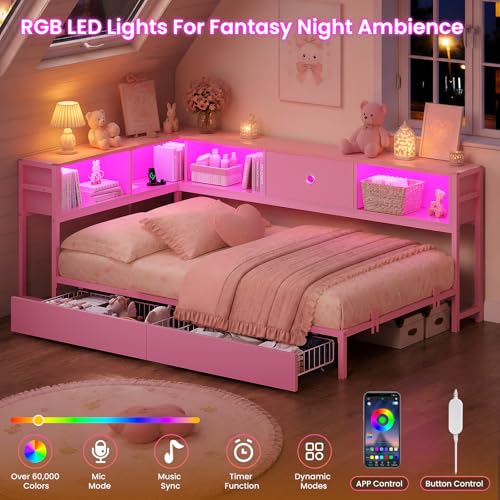 Image of Hasuit Twin XL Corner Bed Frame with Storage Drawers and Bookcase Headboard, Twin xl Size Metal Platform Bed Frame for Girls with Charging Station and LED Lights, Twin XL Daybed for Kids Bedroom, Pink