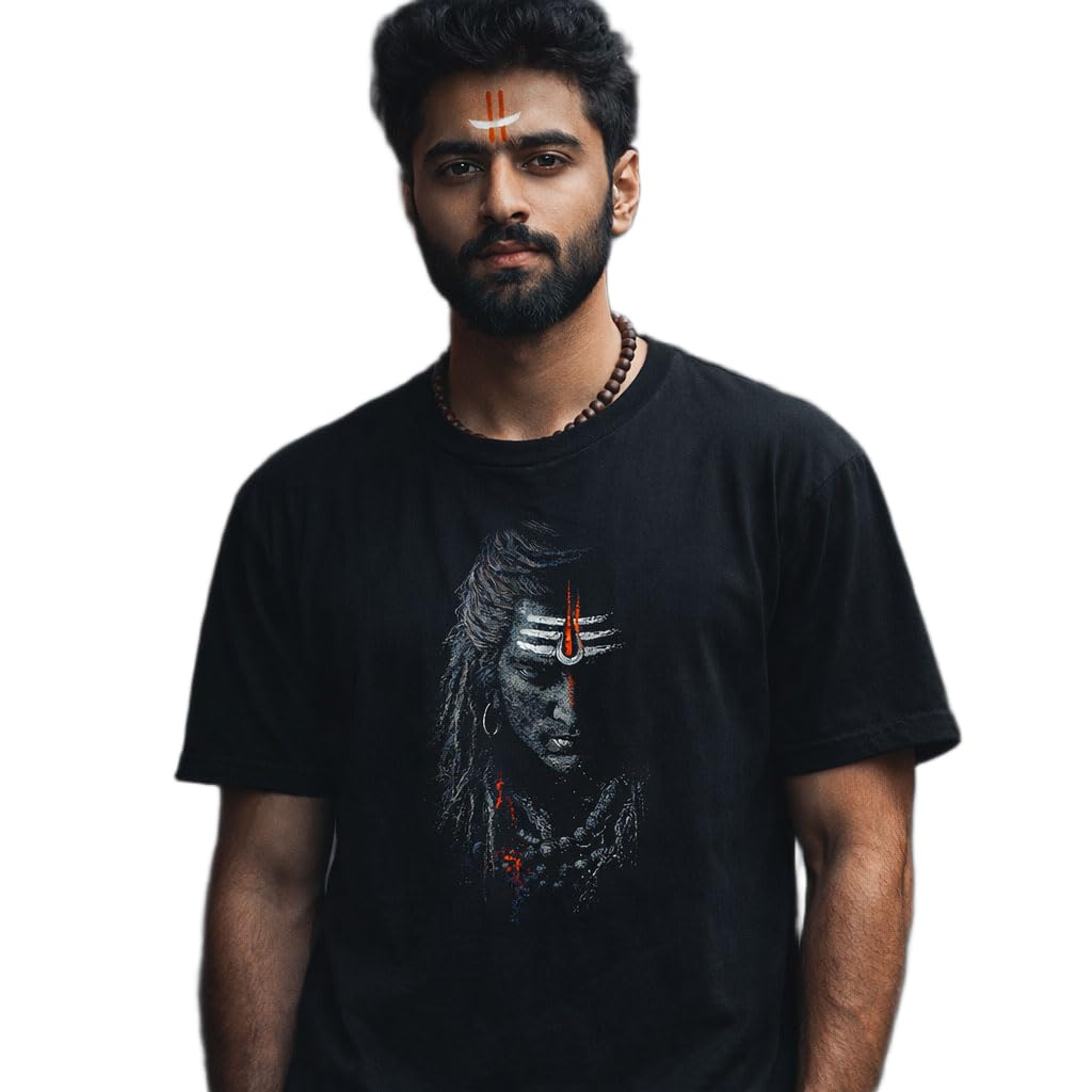 Men’s Printed Black Cotton Blend Half Sleeve Round Neck T-Shirt | Mahadev Graphic Casual Wear-image-38