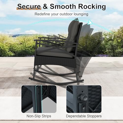 Image of Tangkula 3 Pieces Wicker Outdoor Rocking Chairs Set | Heavy Duty | Cushioned | Rattan Rocker Bistro Set w / 2-Tier Tempered Glass Coffee Table for Garden, Balcony, Backyard