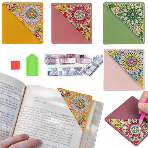 Image of DIY Diamond Painting Leather Corner Bookmarks Set of 4, Mandala Art Craft Kit for Readers Artists Students, Creative Handmade Gift for Book Lovers