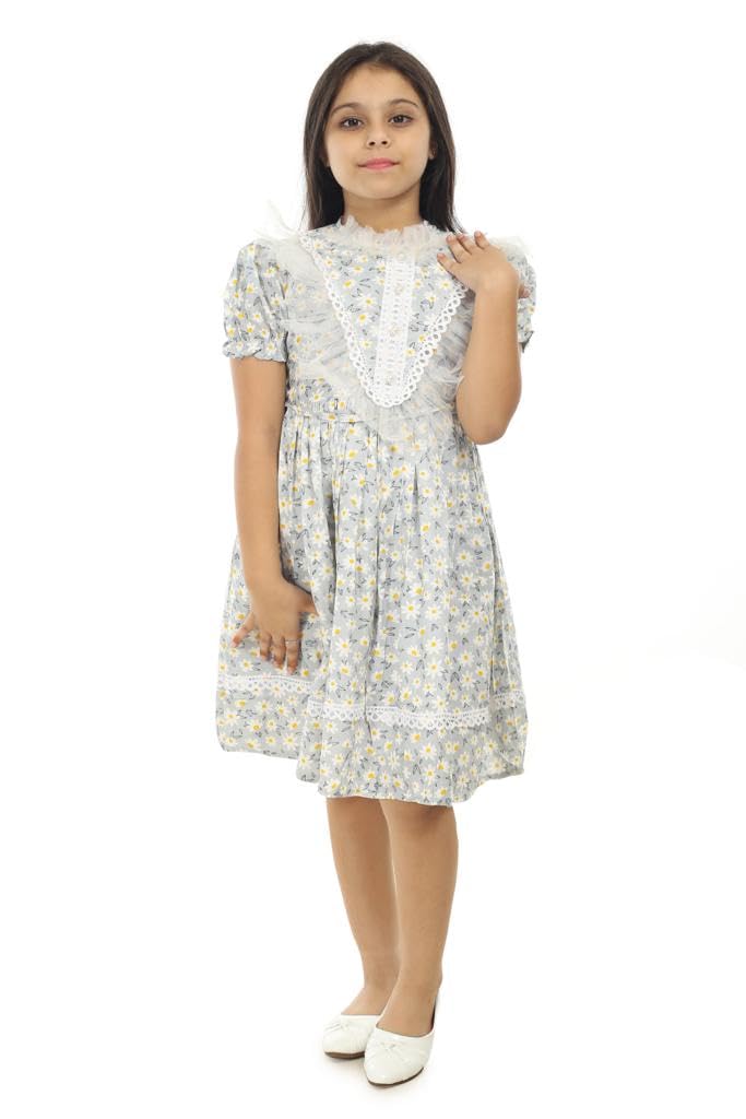 KICOGirls Lace Detailing Knee Length Frock Dress Grey, 8-9 Years